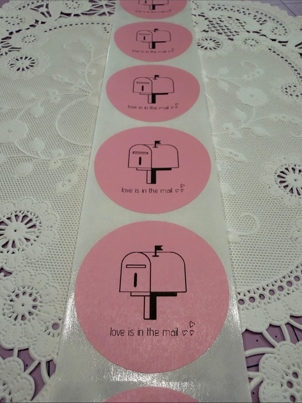 2” Pink 'Love Is in the Mail' Round Stickers set of 100